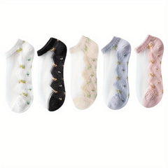 5 Pairs Floral Print Sheer Socks Women's Ankle Stockings