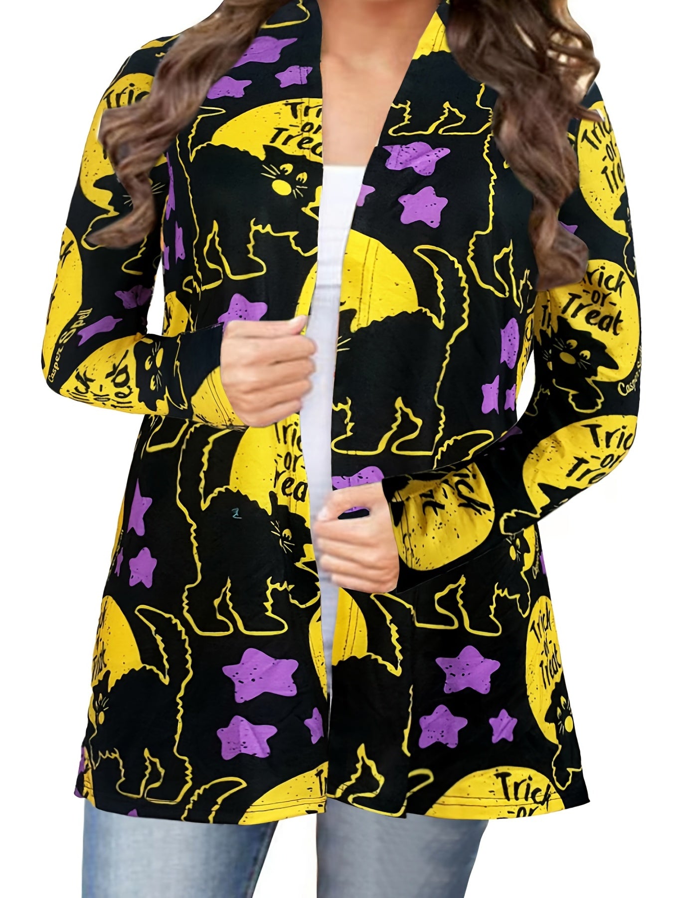 Pumpkin & Cat Print Cardigan, Long Sleeve Open Front