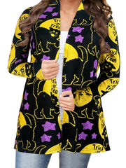 Pumpkin & Cat Print Cardigan, Long Sleeve Open Front