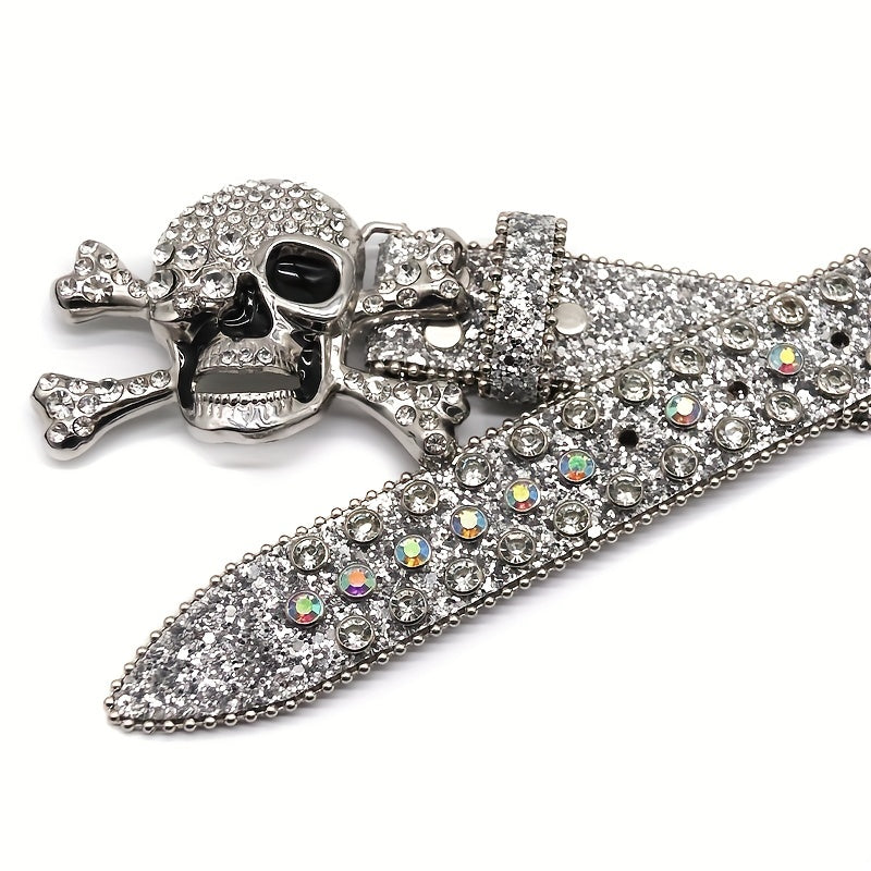 Skull Decor Rhinestone PU Leather Belt Western Cowboy Hip Hop Punk Belt