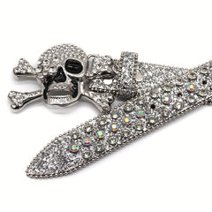 Skull Decor Rhinestone PU Leather Belt Western Cowboy Hip Hop Punk Belt