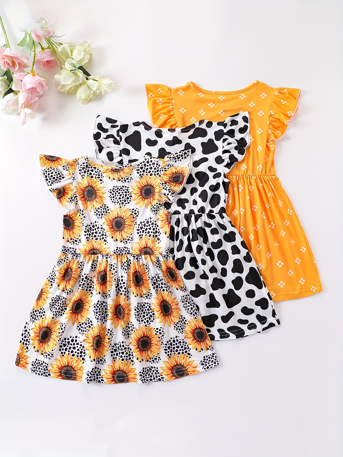 Girls Striped Sunflower Cartoon Print Flying Sleeve Dress