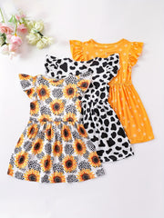 Girls Striped Sunflower Cartoon Print Flying Sleeve Dress