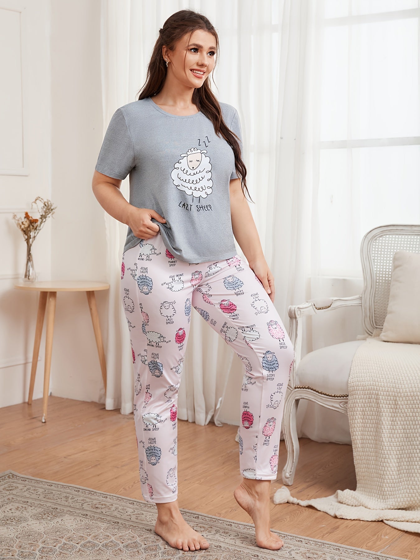 Women's Plus Sheep Print Tee & Pants Lounge Set