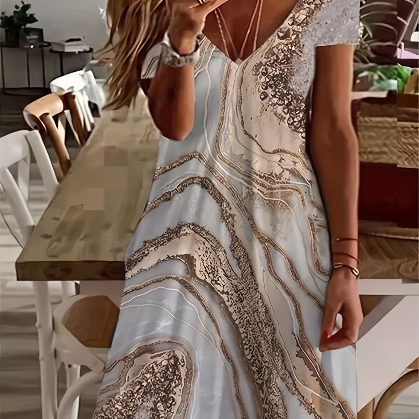 Marble Print V Neck Dress Short Sleeve Boho Summer Dress