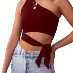 One Shoulder Side Tie Tank Top Sleeveless Crop Tank