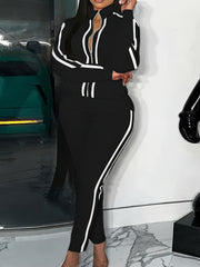 Plus Stripe Print Two Piece Set High Neck Jacket & Pants