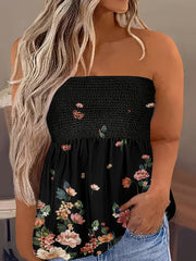 Sexy Plus Size Tube Top Women's Graphic Print Shirred Stretch Top