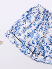 Girls Flowers Print Pajamas Set V Neck Button Top & Elastic Waist Shorts