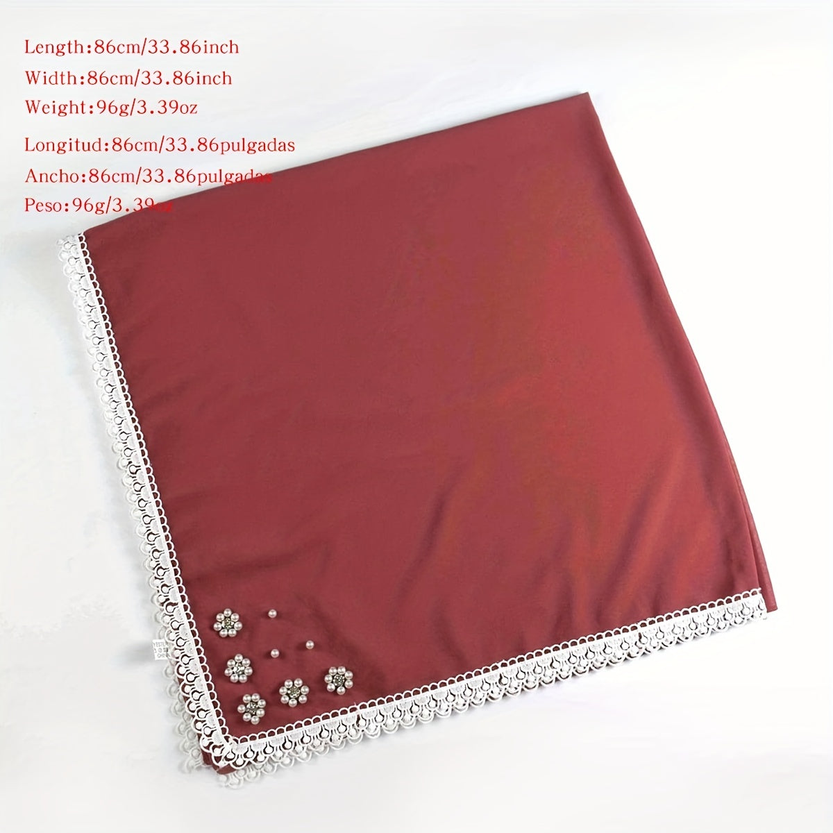 Lace Square Scarf Faux Pearl Flower Decor Bandana Solid Hijab for Women