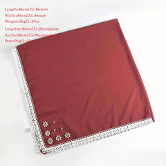 Lace Square Scarf Faux Pearl Flower Decor Bandana Solid Hijab for Women