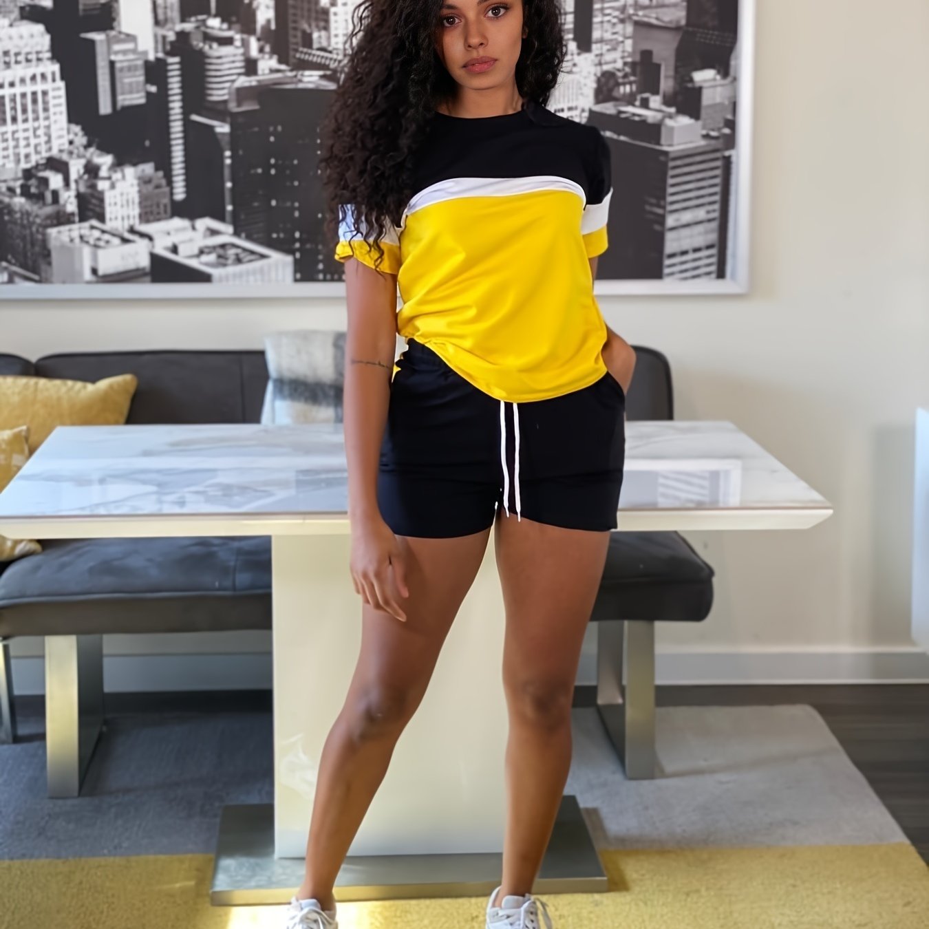 Casual Two piece Set Block T shirt & High Waist Drawstring Shorts Outfits