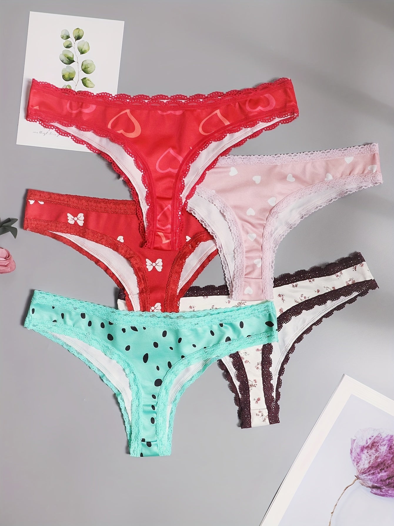 5 Pack Plus Size Women's Floral & Heart Print Lace Thongs Set