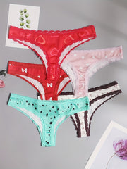 5 Pack Plus Size Women's Floral & Heart Print Lace Thongs Set