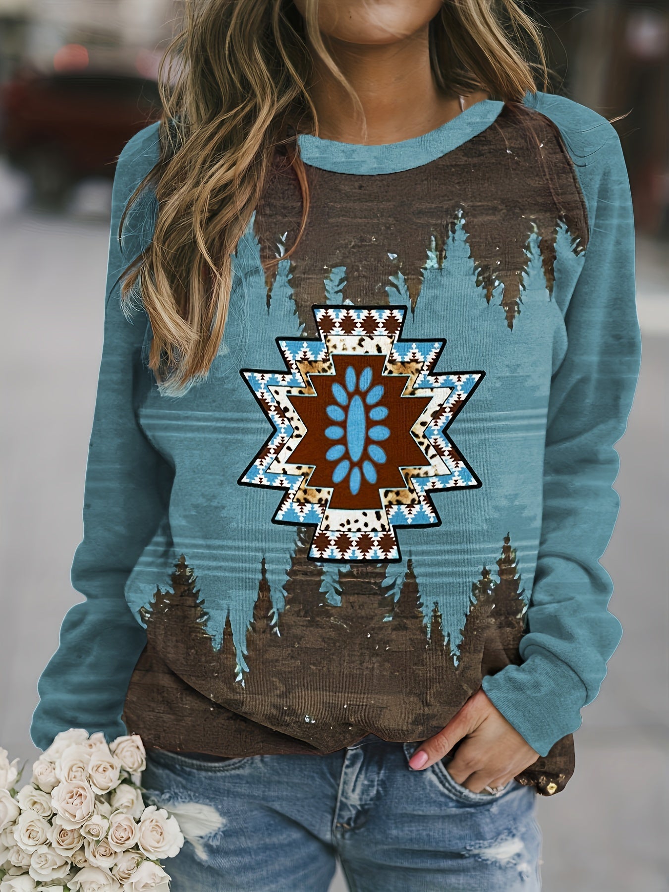 Geometric Ethnic Printed Pullover Shirt Long Sleeve Round Neck