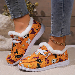 Halloween Horror Cat Pumpkin Print Plush Lined Furry Slip On Sneakers