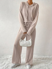 Solid Ribbed Knit Hoodie & Pants Set