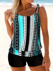 Geometric & Striped Tankini Set Round Neck Swimsuit Women's S