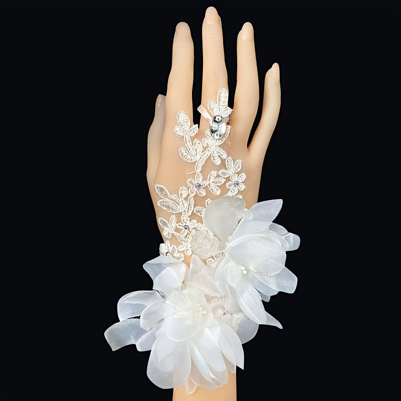 Bridal Lace Wedding Gloves with Floral Hollow Out and Jeweled Accents