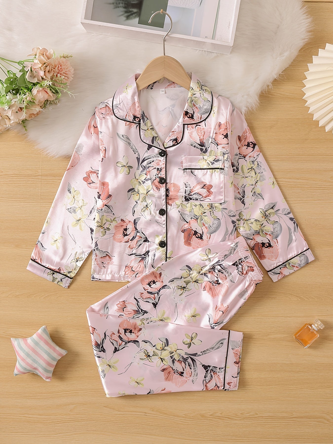 Kids Flower Pattern Satin Lounge Wear Top & Pants Set