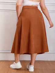 Casual Swing Maxi Skirt Solid Color High Rise Button Detail