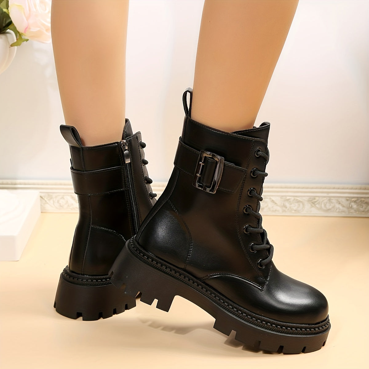Women's Platform Combat Boots Side Zipper & Lace Up Ankle Boots