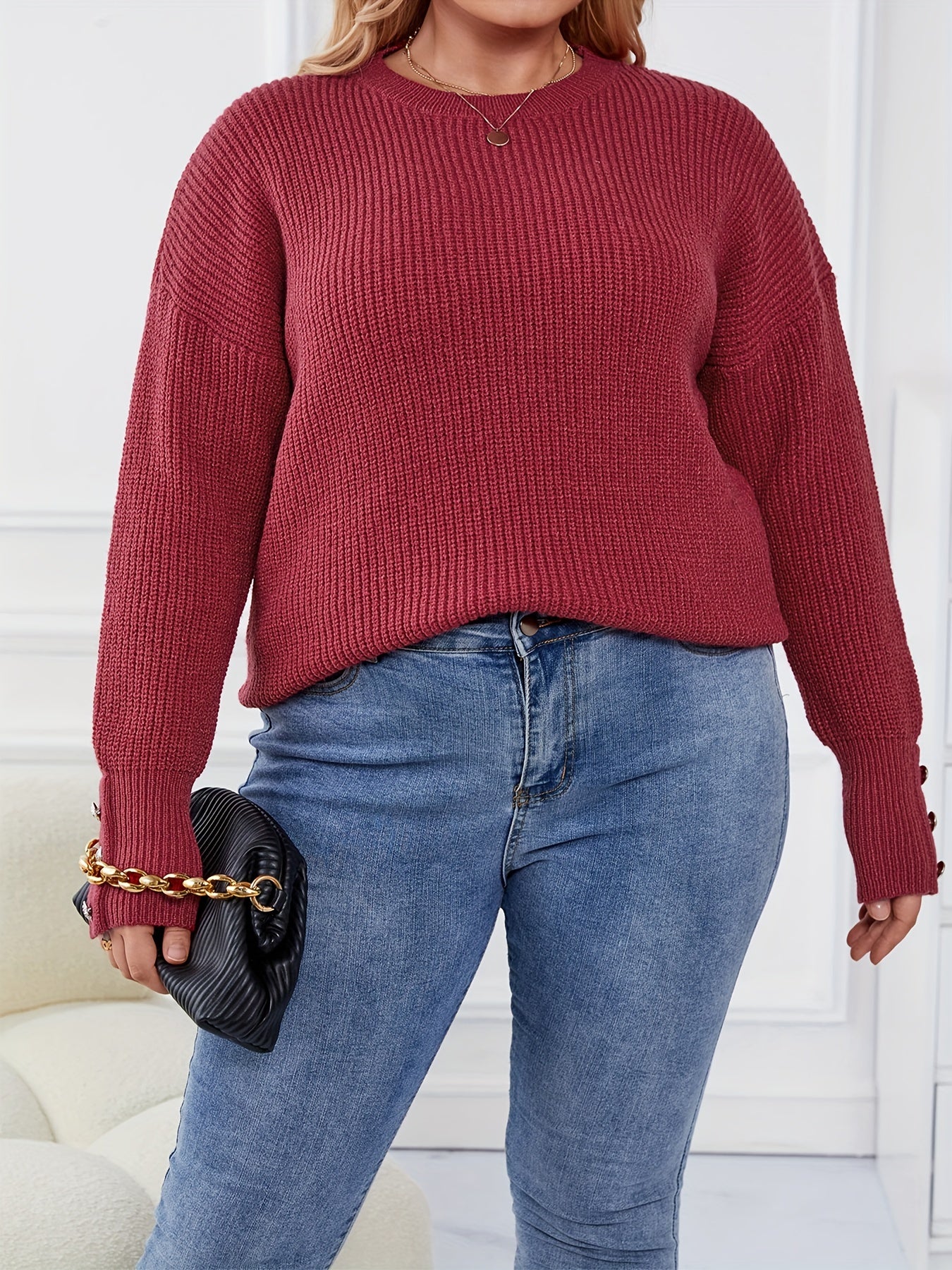 Casual Sweater Women's Button Long Sleeve Round Neck Jumper