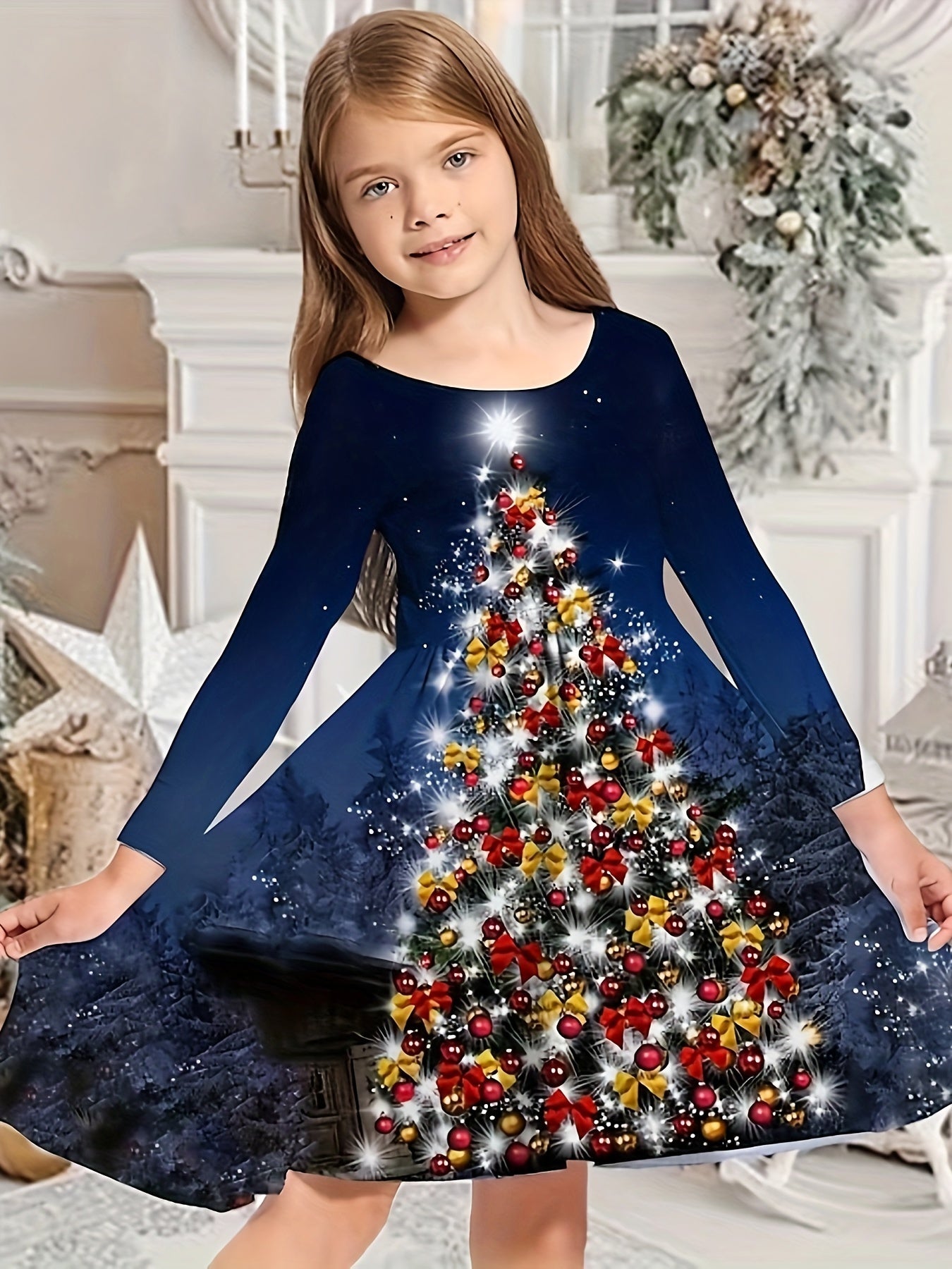 Girls 3D Snow Print Christmas Tree Dress