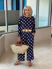 Polka Dot Print Two piece Set Long Sleeve Tops & Wide Leg Pants
