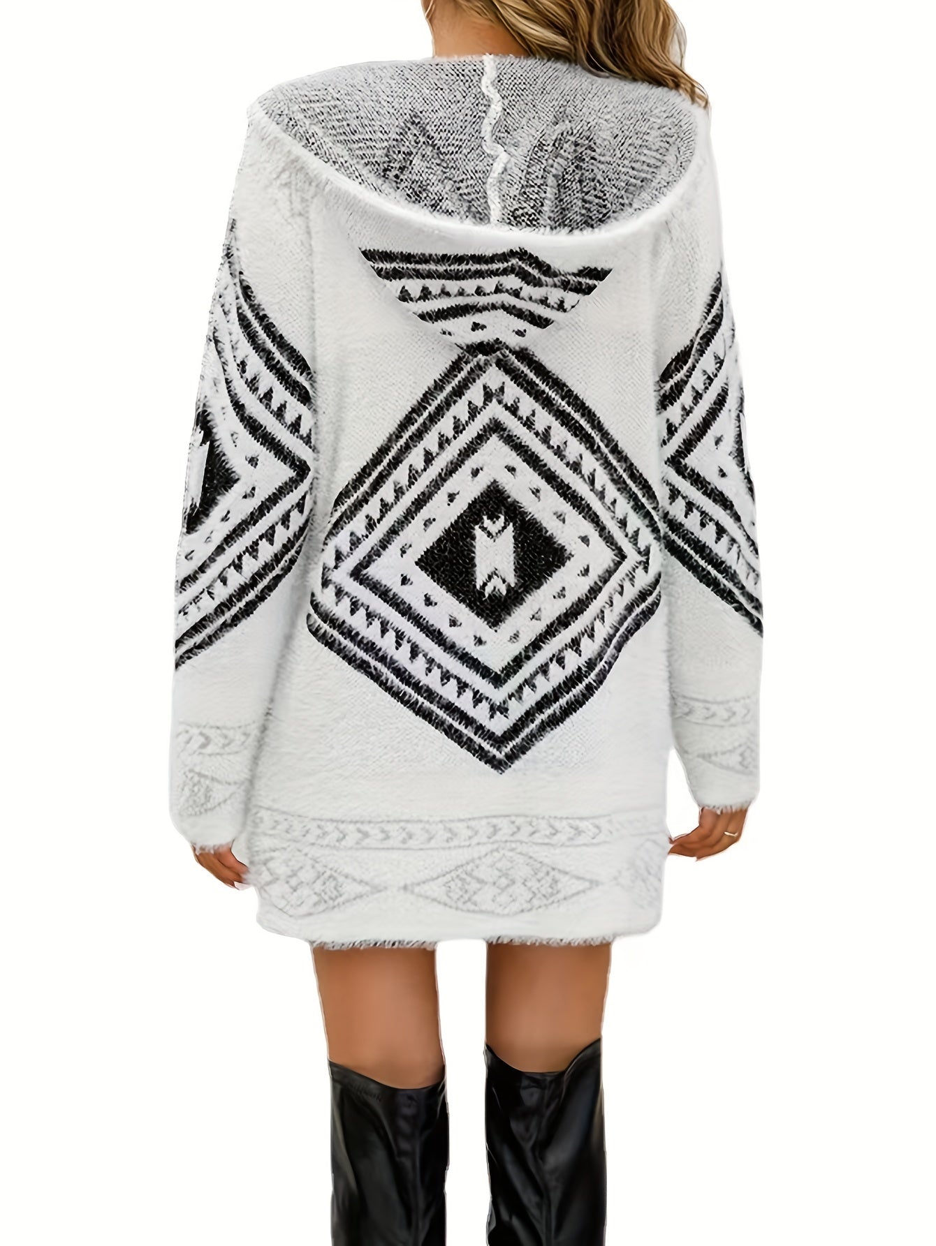 Geometric Print Eyelash Hooded Cardigan