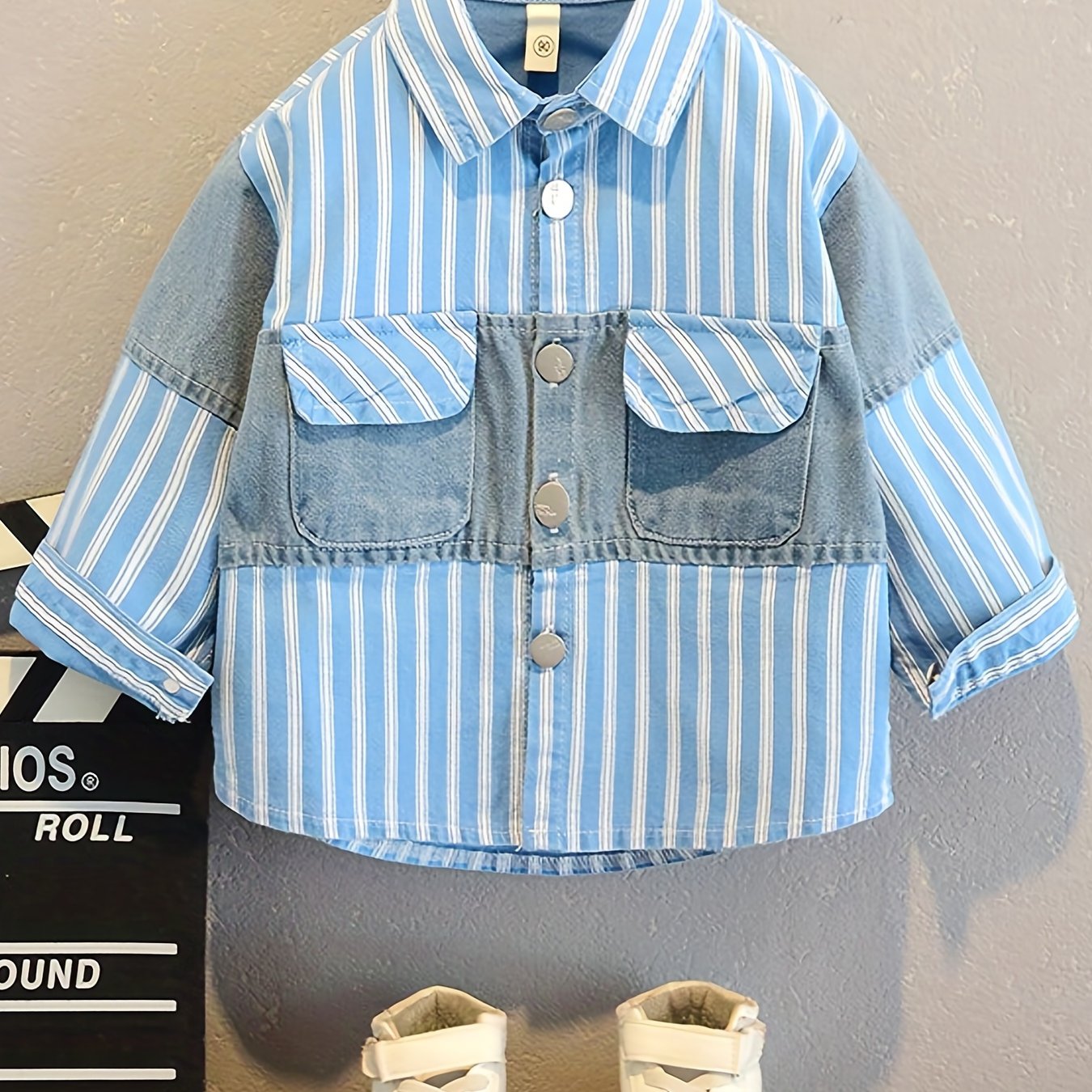 Boy's Stripes Graphic Print Fleece Denim Jacket Winter Spring Autumn