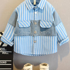 Boy's Stripes Graphic Print Fleece Denim Jacket Winter Spring Autumn