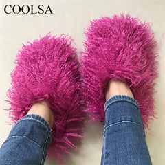 Women's Faux Fur Slippers Slip On Flat Casual Comfortable Indoor Shoes