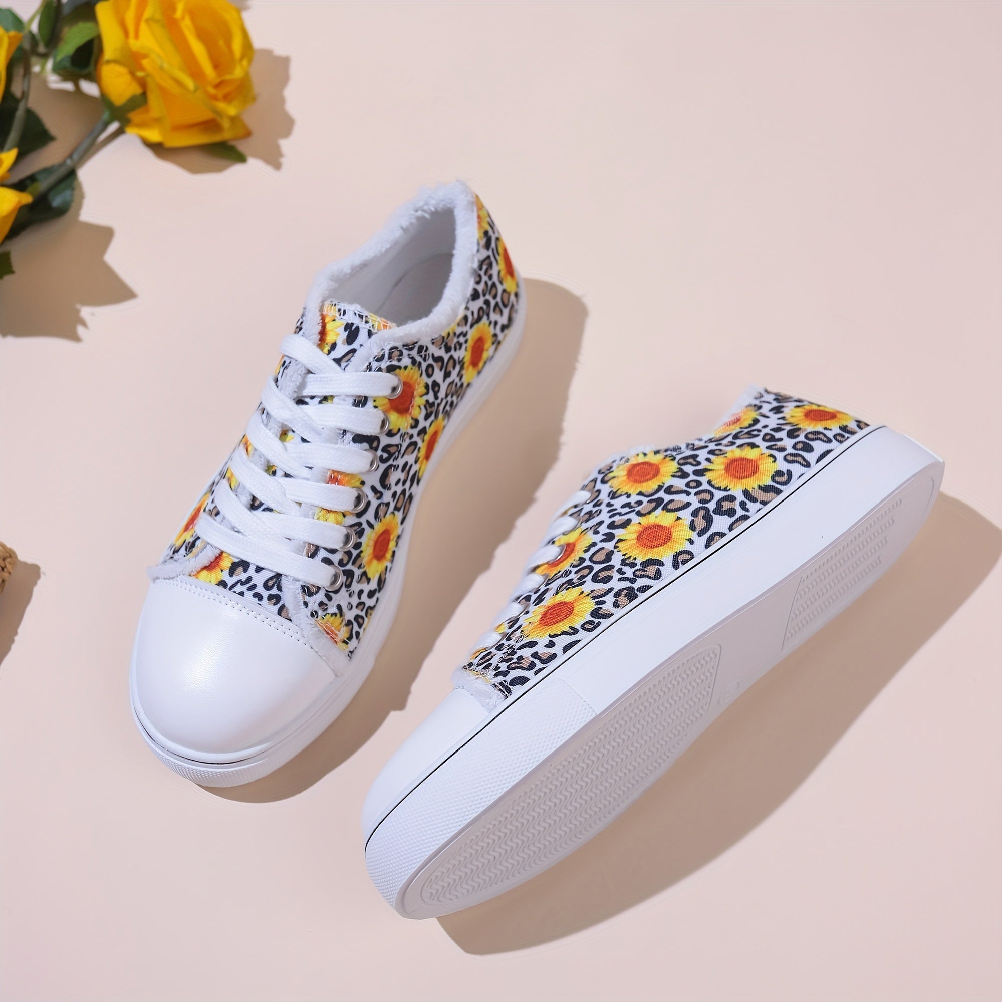 Leopard & Flower Print Lace Up Flat Shoes for Women