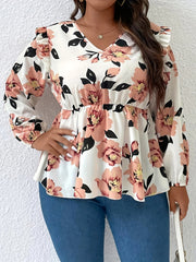 Floral Print Lantern Sleeve V Neck Ruffle Trim Bow Blouse
