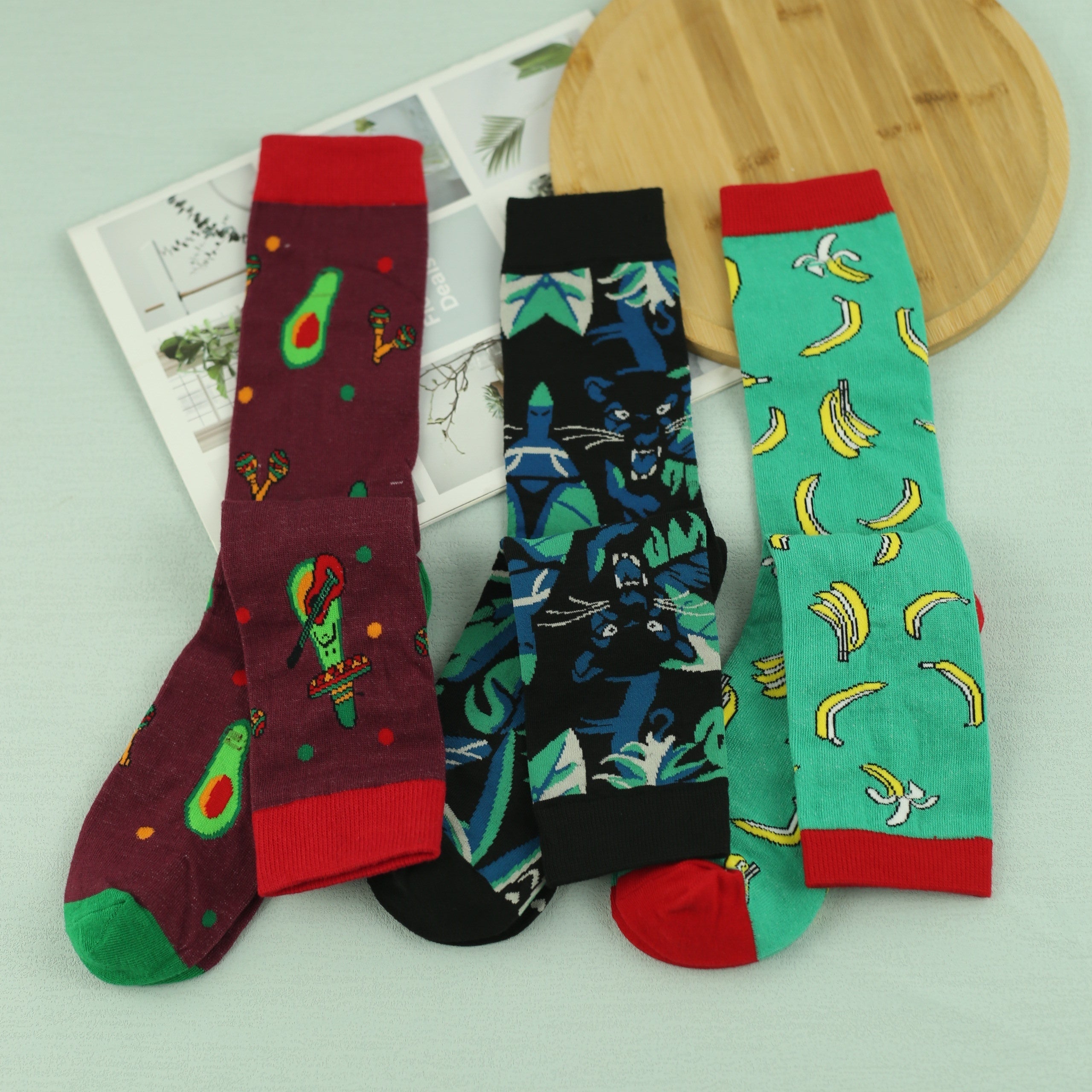 Men's Cartoon Crew Socks, 3 Pairs, Comfy Street Style, All Seasons
