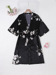Floral Print Night Robe Short Sleeve V Neck Women's Sleepwear