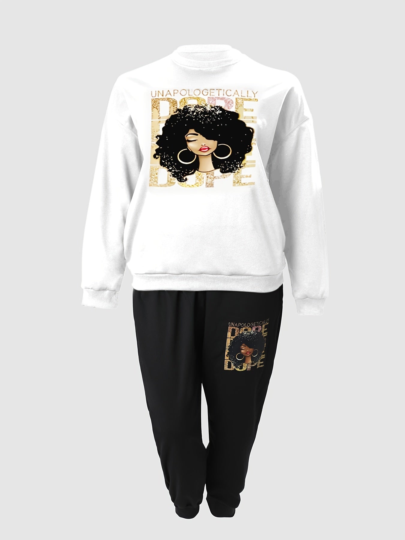 Figure Print Sweatshirt & Drawstring Sweatpants Set Women's Plus