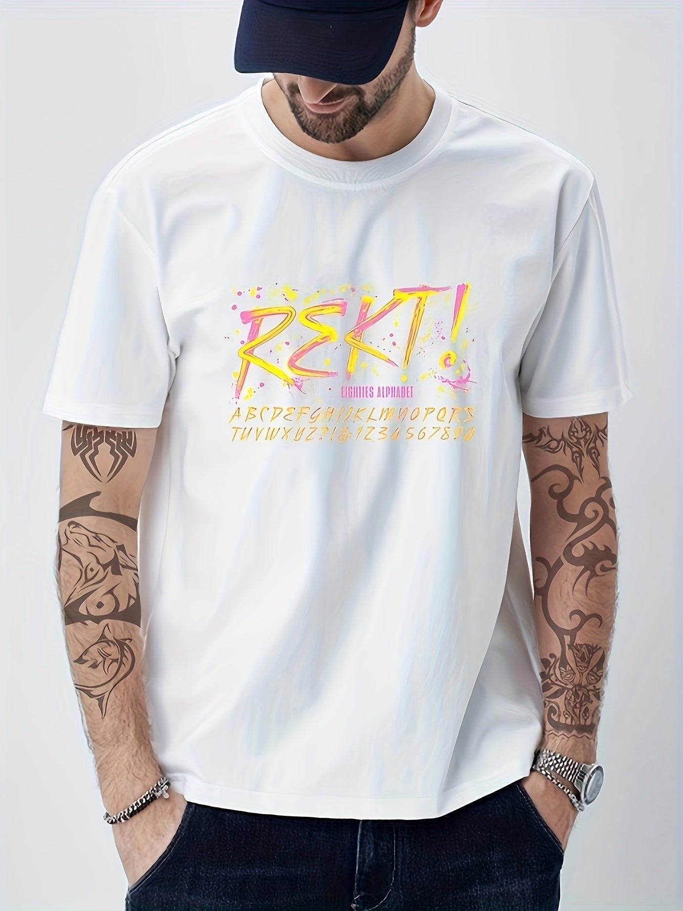 Men's Cotton Letter Print Graphic Crew Neck T-shirt for Summer