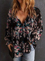 Floral Print Lantern Sleeve V Neck Tunic Top