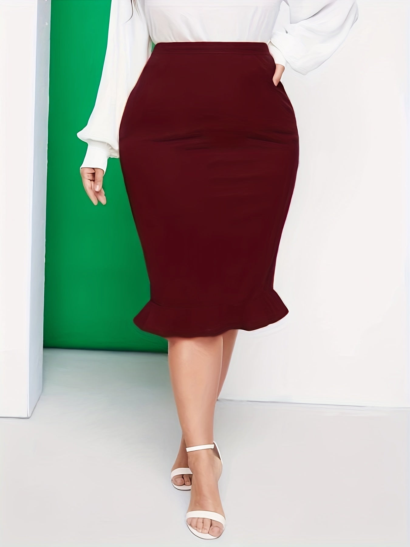 Solid High Rise Ruffle Trim Midi Skirt