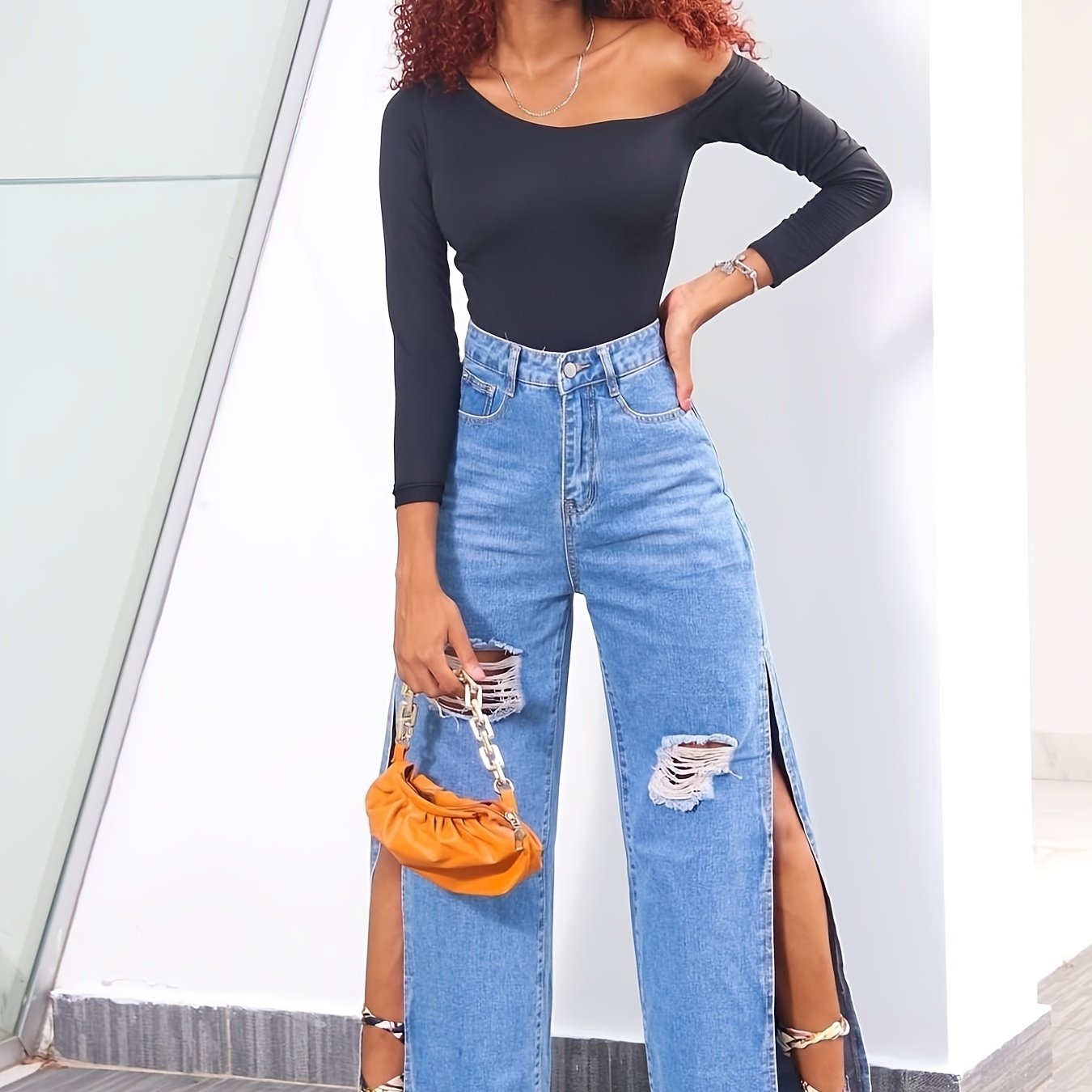 High Waist Wide Leg Denim Jeans Ripped Split Non Stretch Pants