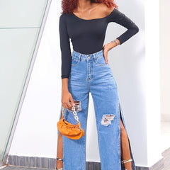 High Waist Wide Leg Denim Jeans Ripped Split Non Stretch Pants