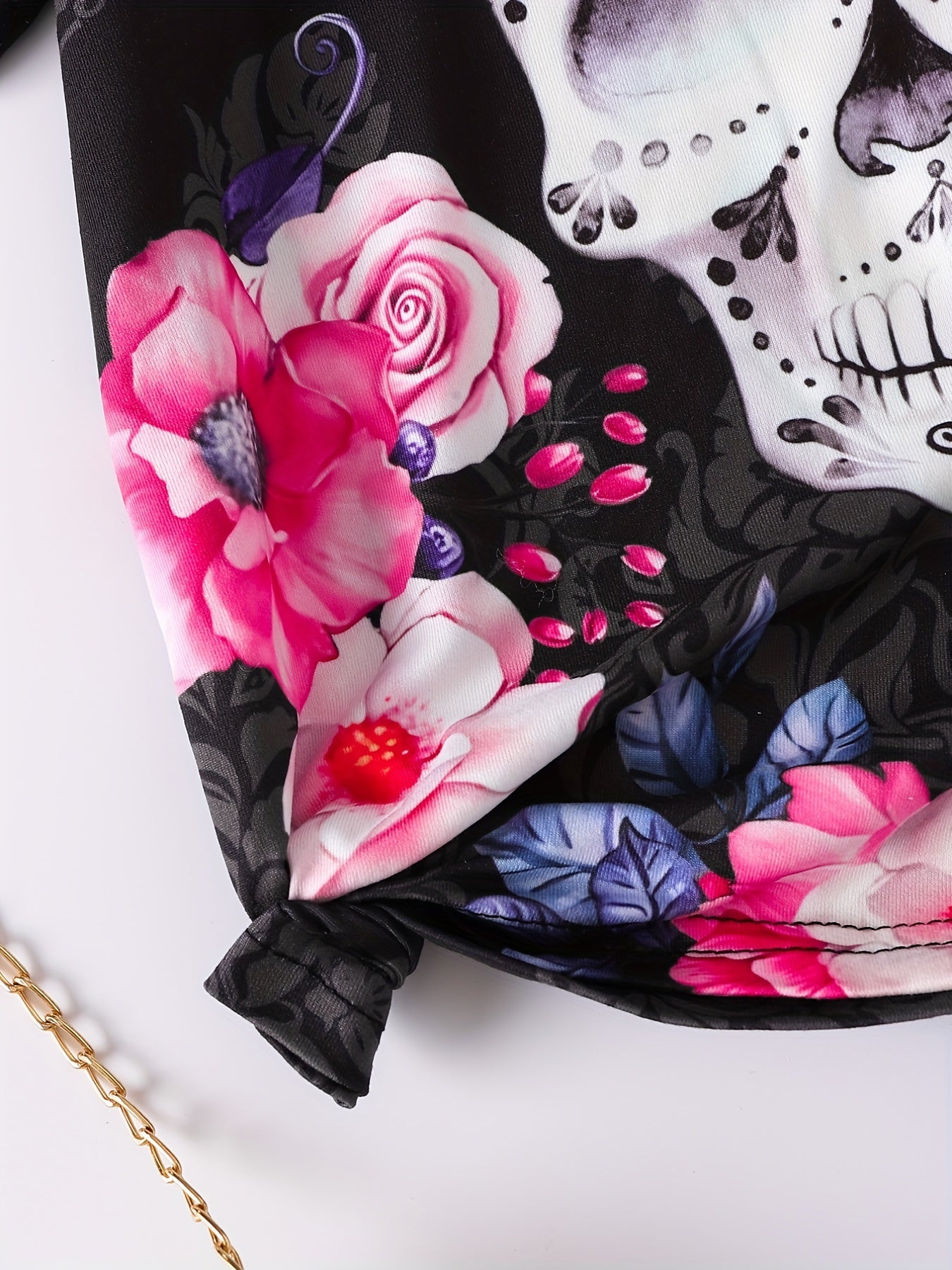 Floral Skull Print Girls Creative T-shirt Lightweight Short Sleeve Tee