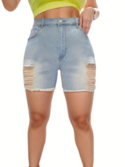 Sexy Denim Shorts Women's Plus Solid Ripped Raw Trim Button Fly