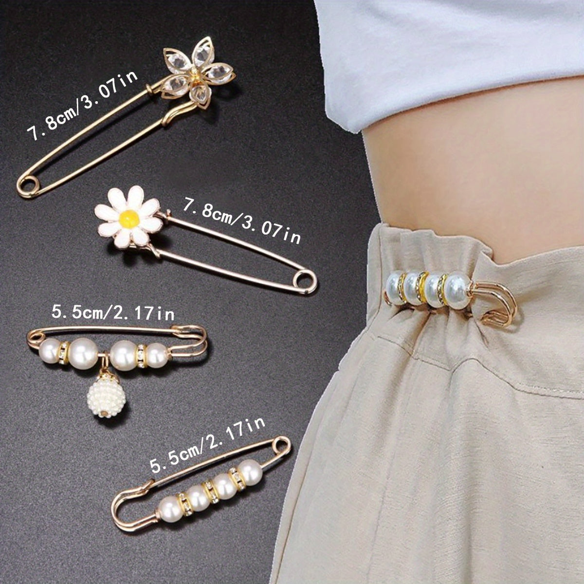 Rhinestone Scarf Pin Set Faux Pearl Flower Brooch Collar Pins