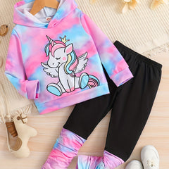 Girl's Unicorn Tie Dye 2pcs Hoodie & Pants Set for Spring Fall