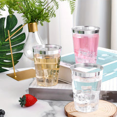 20pcs Silvery Plastic Cups 10 Oz Silver Rimmed Clear Disposable Wine Glasses