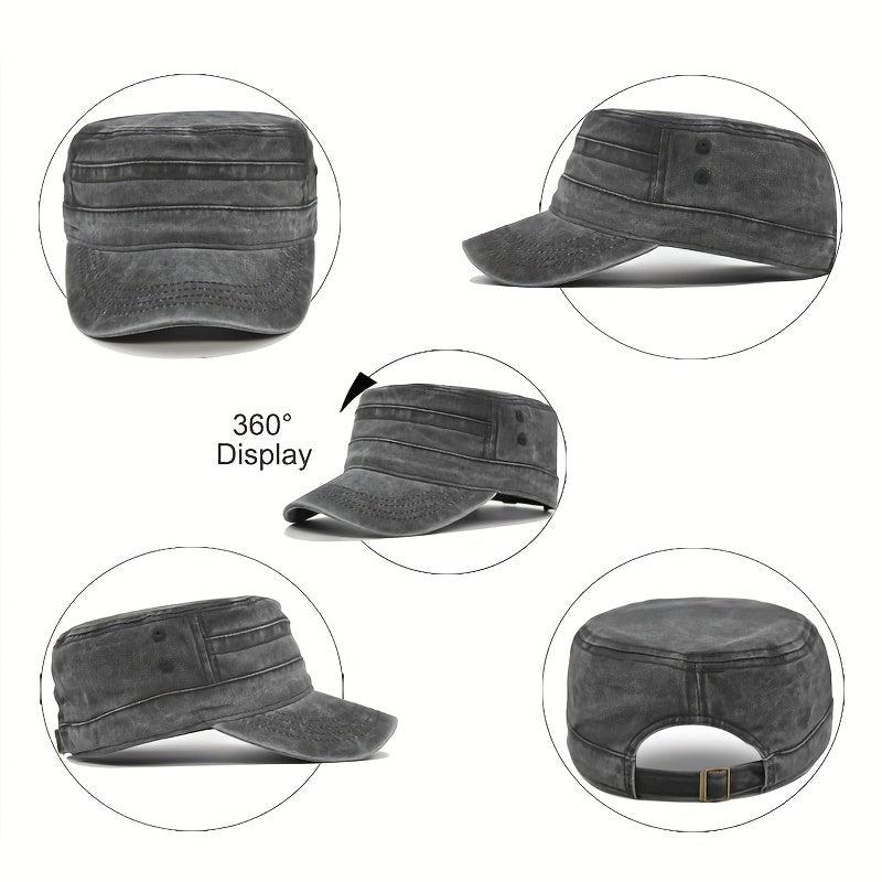 Vintage Washed Cotton Military Cadet Flat Top Cap Adjustable Hat