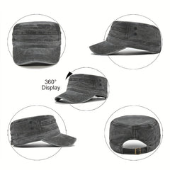 Vintage Washed Cotton Military Cadet Flat Top Cap Adjustable Hat